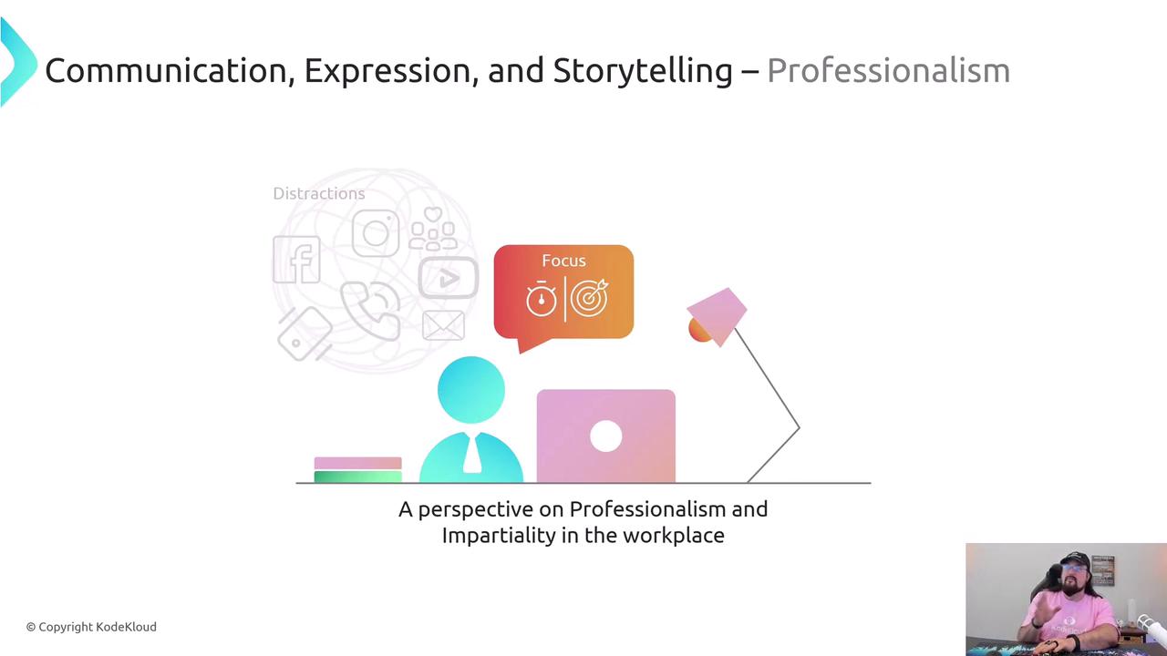 The image is a presentation slide titled "Communication, Expression, and Storytelling – Professionalism," featuring icons representing distractions and focus, with a person at a desk. It includes a caption about professionalism and impartiality in the workplace.