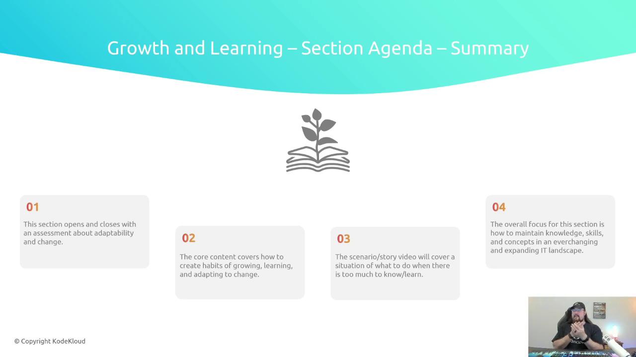 The image is a slide titled "Growth and Learning – Section Agenda – Summary," outlining four points about adaptability, growth habits, handling information overload, and maintaining knowledge in IT. There's also a small image of a person in the bottom right corner.