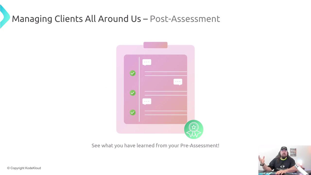 The image shows a presentation slide titled "Managing Clients All Around Us – Post-Assessment" with a graphic of a checklist and a person gesturing in the bottom right corner.