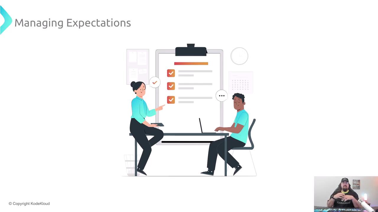 The image shows two people sitting at a table with laptops, discussing a checklist on a board. The text "Managing Expectations" is displayed at the top left.