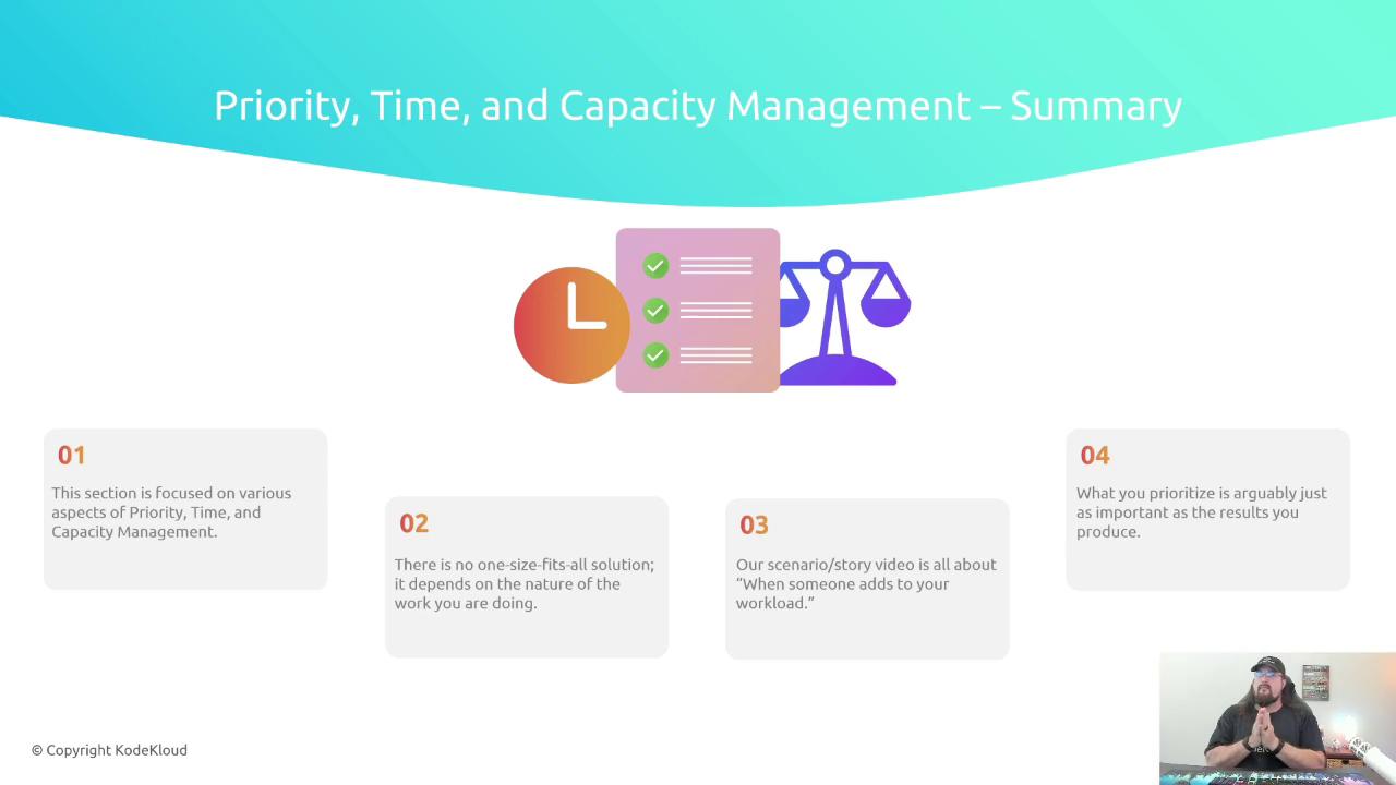 The image is a summary slide about Priority, Time, and Capacity Management, featuring key points and icons related to time management and balance. There's also a small video thumbnail of a person in the bottom right corner.