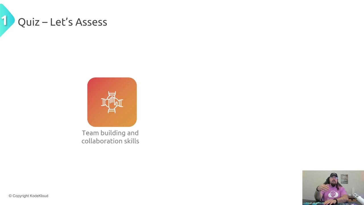The image features a slide titled "Quiz – Let’s Assess" with an icon labeled "Team building and collaboration skills." In the bottom right corner, there is a person speaking.