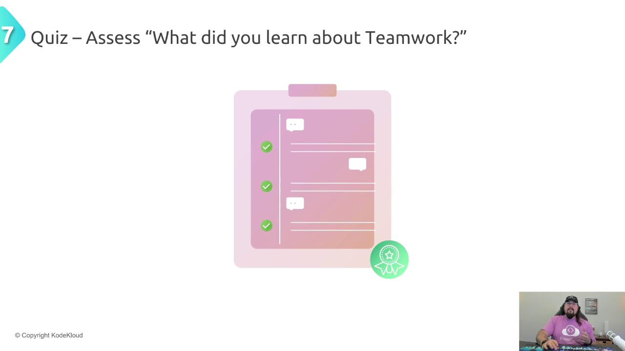 The image shows a slide titled "Quiz – Assess 'What did you learn about Teamwork?'" with an illustration of a checklist on a clipboard. In the bottom right corner, there's a small video frame of a person speaking.