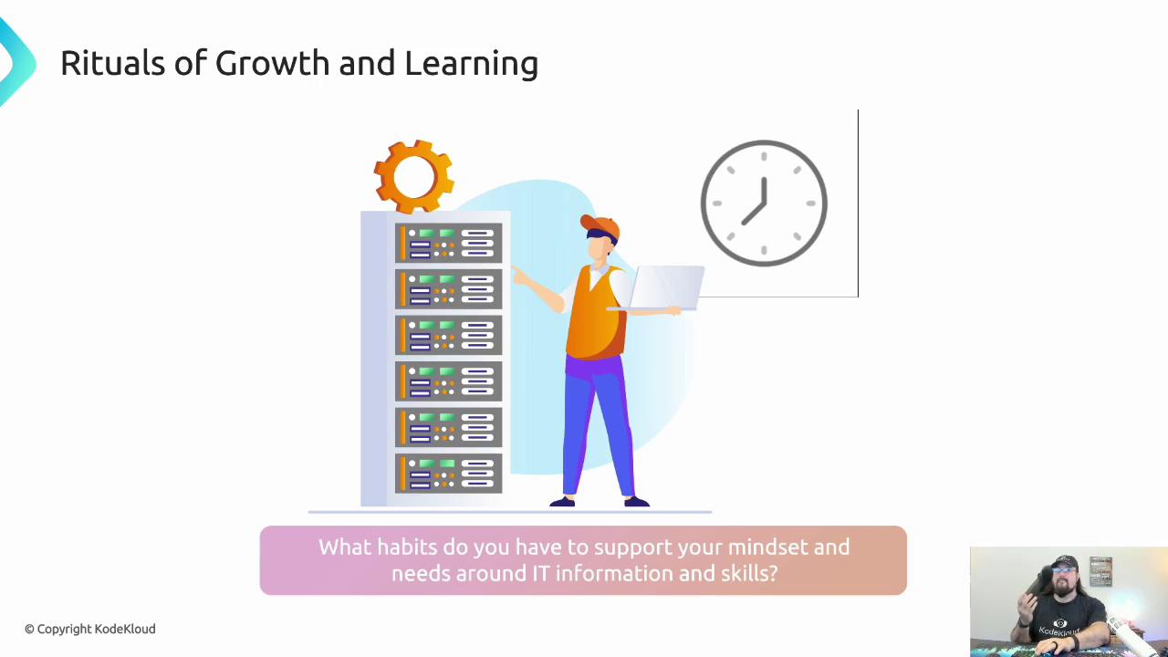 The image features an illustration of a person with a laptop standing next to server racks, a gear icon, and a clock, with the title "Rituals of Growth and Learning." There's also a question about supporting mindset and IT skills, and a small inset of a person speaking.
