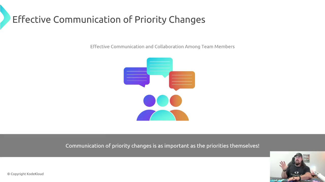 The image is a presentation slide titled "Effective Communication of Priority Changes," featuring colorful speech bubbles and figures, with a note emphasizing the importance of communication. There's also a person in the bottom right corner.