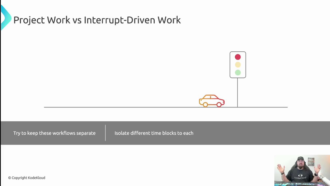The image is a presentation slide titled "Project Work vs Interrupt-Driven Work," featuring a simple illustration of a car at a traffic light. It includes a suggestion to keep workflows separate and isolate time blocks, with a small video of a person in the bottom right corner.