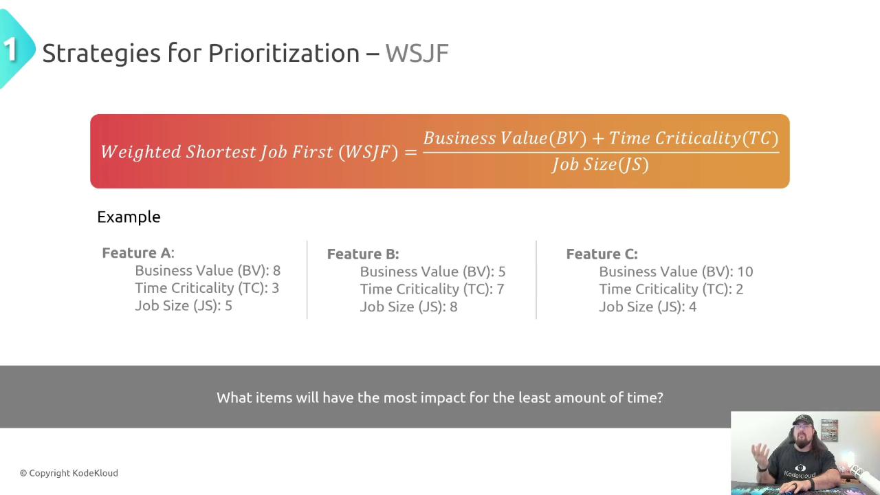 The image explains the Weighted Shortest Job First (WSJF) prioritization strategy, showing a formula and examples of features with their business value, time criticality, and job size. There's also a small inset of a person speaking in the bottom right corner.