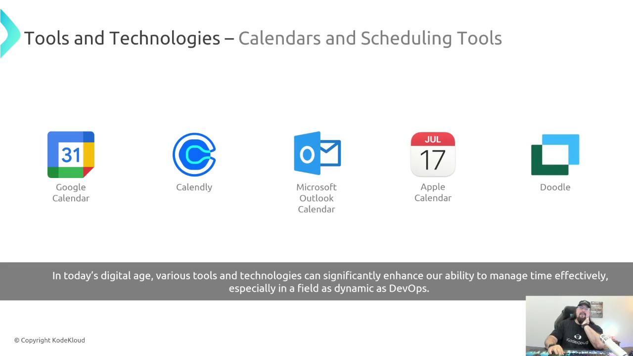 The image showcases various calendar and scheduling tools, including Google Calendar, Calendly, Microsoft Outlook Calendar, Apple Calendar, and Doodle. It emphasizes the importance of these tools in managing time effectively, especially in dynamic fields like DevOps.