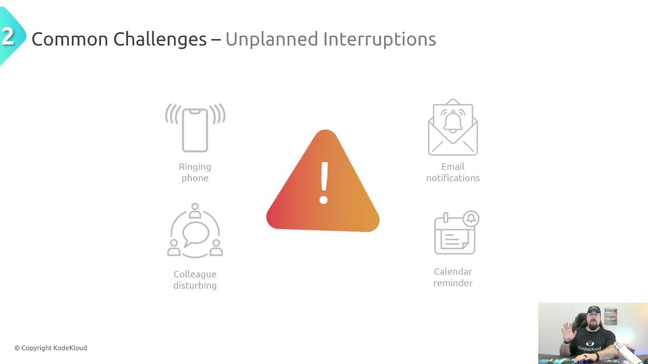 The image is a presentation slide titled "Common Challenges – Unplanned Interruptions," featuring icons for a ringing phone, email notifications, colleague disturbances, and calendar reminders, with a central warning symbol. There's also a small video thumbnail of a person speaking in the bottom right corner.