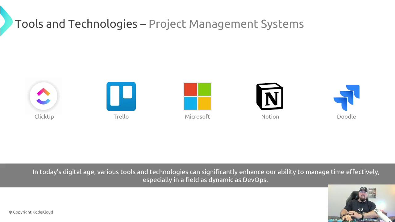 The image displays logos of project management tools: ClickUp, Trello, Microsoft, Notion, and Doodle, with a caption about the importance of tools in DevOps. There's also a small inset of a person speaking.