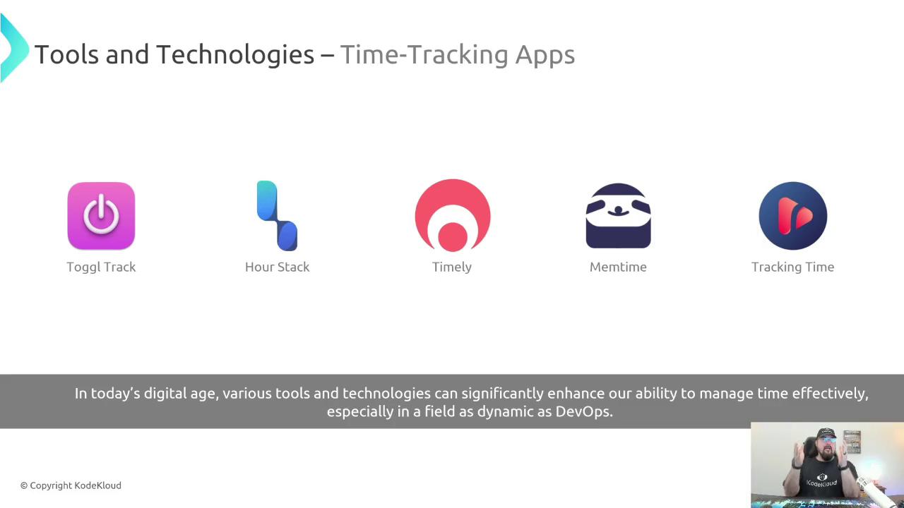 The image showcases logos of time-tracking apps: Toggl Track, Hour Stack, Timely, Memtime, and Tracking Time, with a caption about managing time effectively in DevOps. There's also a person speaking in the bottom right corner.