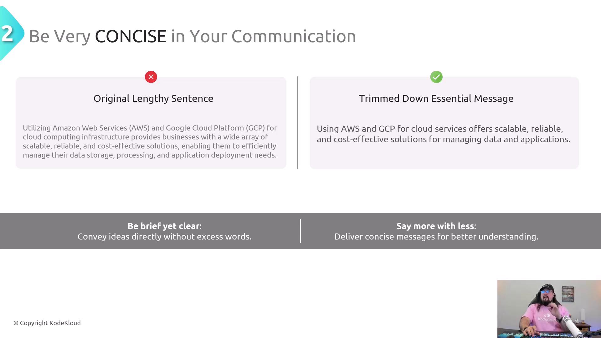 The image illustrates the importance of concise communication by comparing a lengthy sentence with a trimmed-down version, emphasizing clarity and brevity.