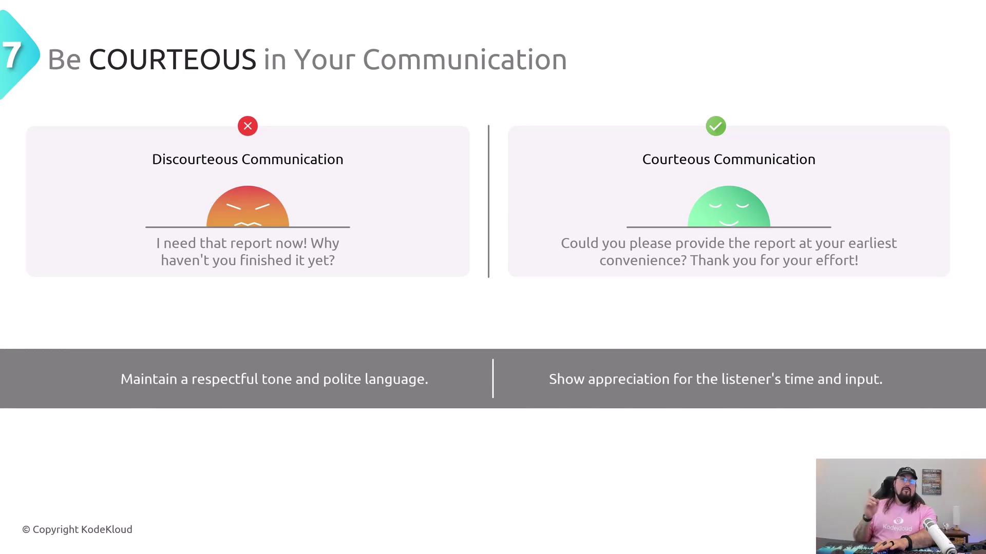 The image contrasts discourteous and courteous communication, illustrating the importance of maintaining a respectful tone and showing appreciation in interactions.