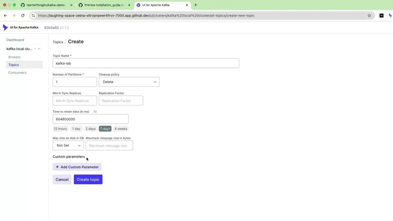 The image shows a user interface for creating a new topic in Apache Kafka, with fields for topic name, number of partitions, cleanup policy, and other configuration options.