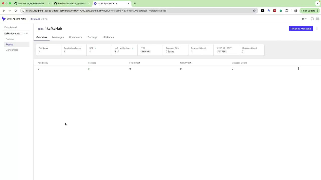 The image shows a user interface for Apache Kafka, displaying details of a topic named "kafka-lab" with information on partitions, replication factor, and message count.