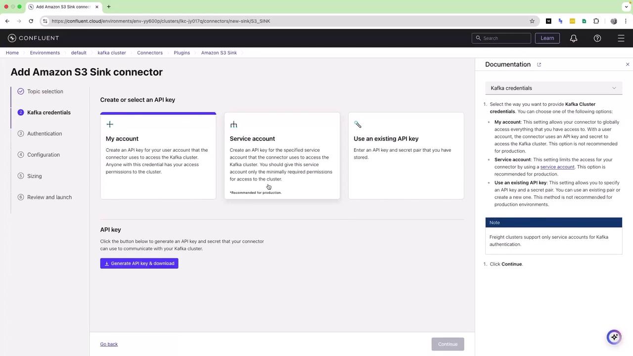 The image shows a web interface for adding an Amazon S3 Sink connector, focusing on selecting or creating an API key for Kafka credentials. It includes options for "My account," "Service account," and "Use an existing API key," with documentation on the right.