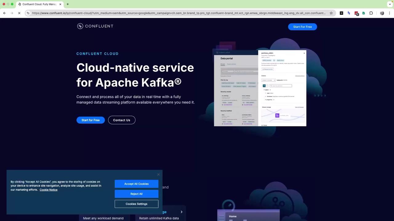 The image shows a webpage for Confluent Cloud, a cloud-native service for Apache Kafka, with options to start for free or contact the company. There is also a cookie consent banner at the bottom.