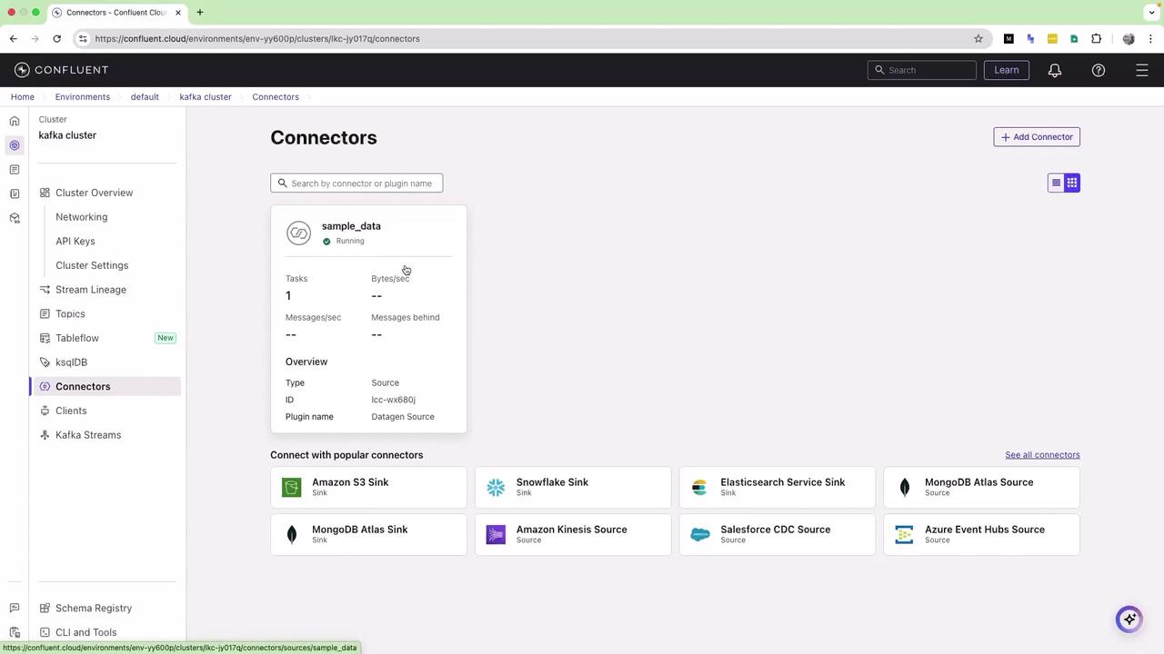 The image shows a Confluent Cloud interface displaying a "Connectors" page with a running connector named "sample_data" and options to connect with popular connectors like Amazon S3 Sink and MongoDB Atlas Sink.