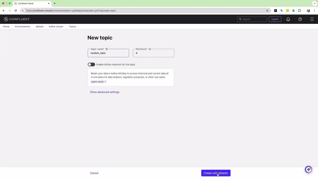 The image shows a Confluent Cloud interface for creating a new Kafka topic, with fields for topic name and partitions, and options for infinite retention and advanced settings.