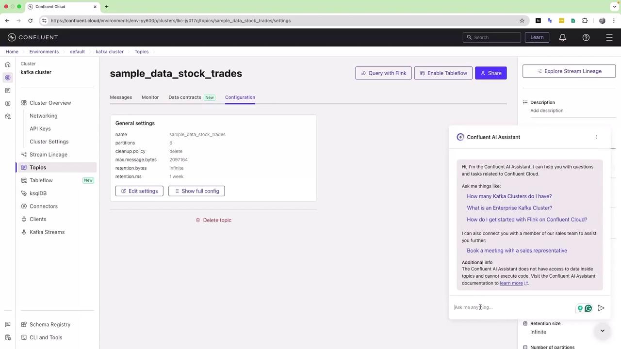 The image shows a Confluent Cloud interface displaying the configuration settings for a Kafka topic named "sample_data_stock_trades." It includes details like partitions, cleanup policy, and retention settings, with a Confluent AI Assistant chat window on the right.