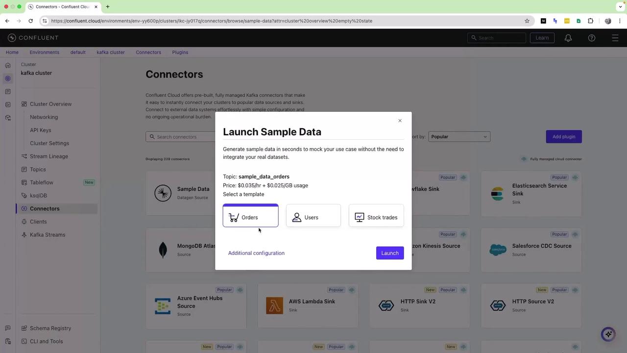 The image shows a Confluent Cloud interface with a "Launch Sample Data" popup, allowing users to generate sample data for topics like orders, users, and stock trades. The background displays various connectors available for integration.