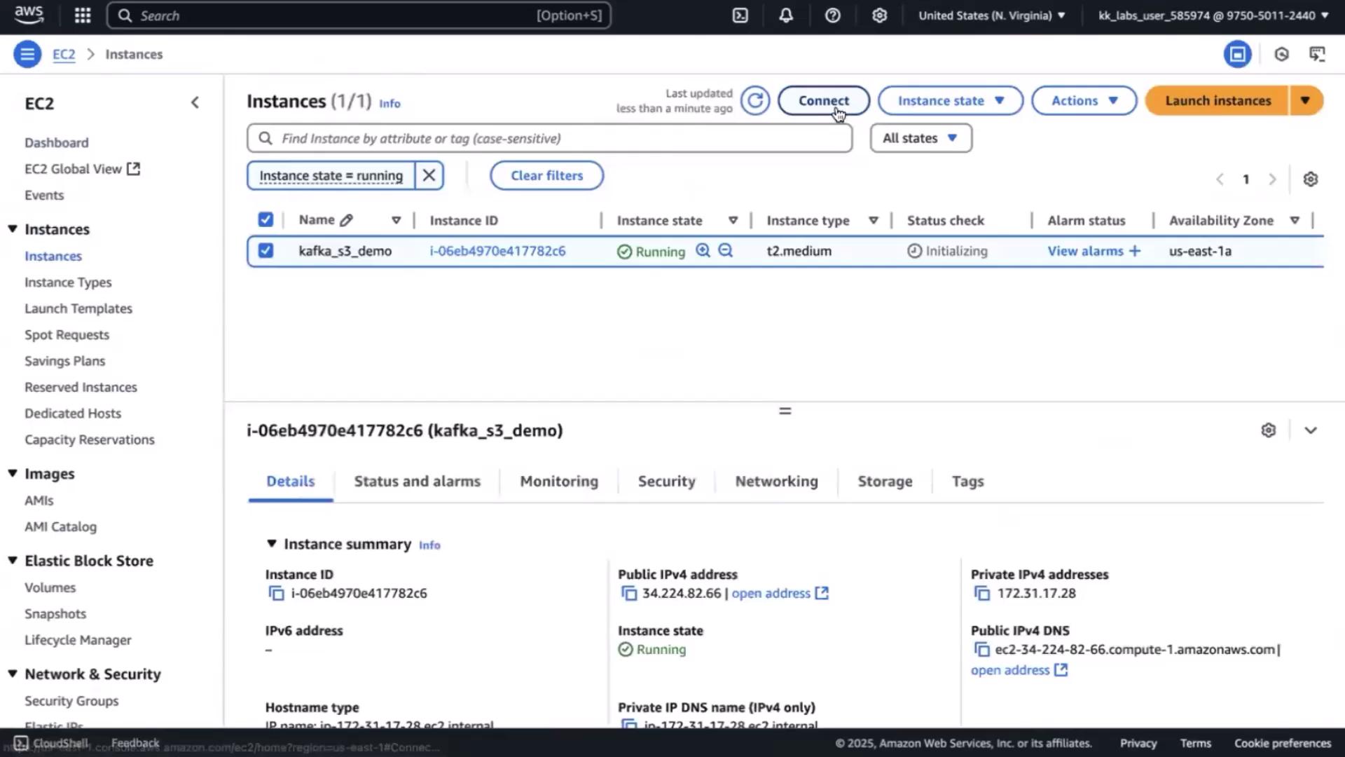 The image shows an AWS EC2 dashboard with a running instance named "kafka_s3_demo," displaying details like instance ID, type, and IP addresses.