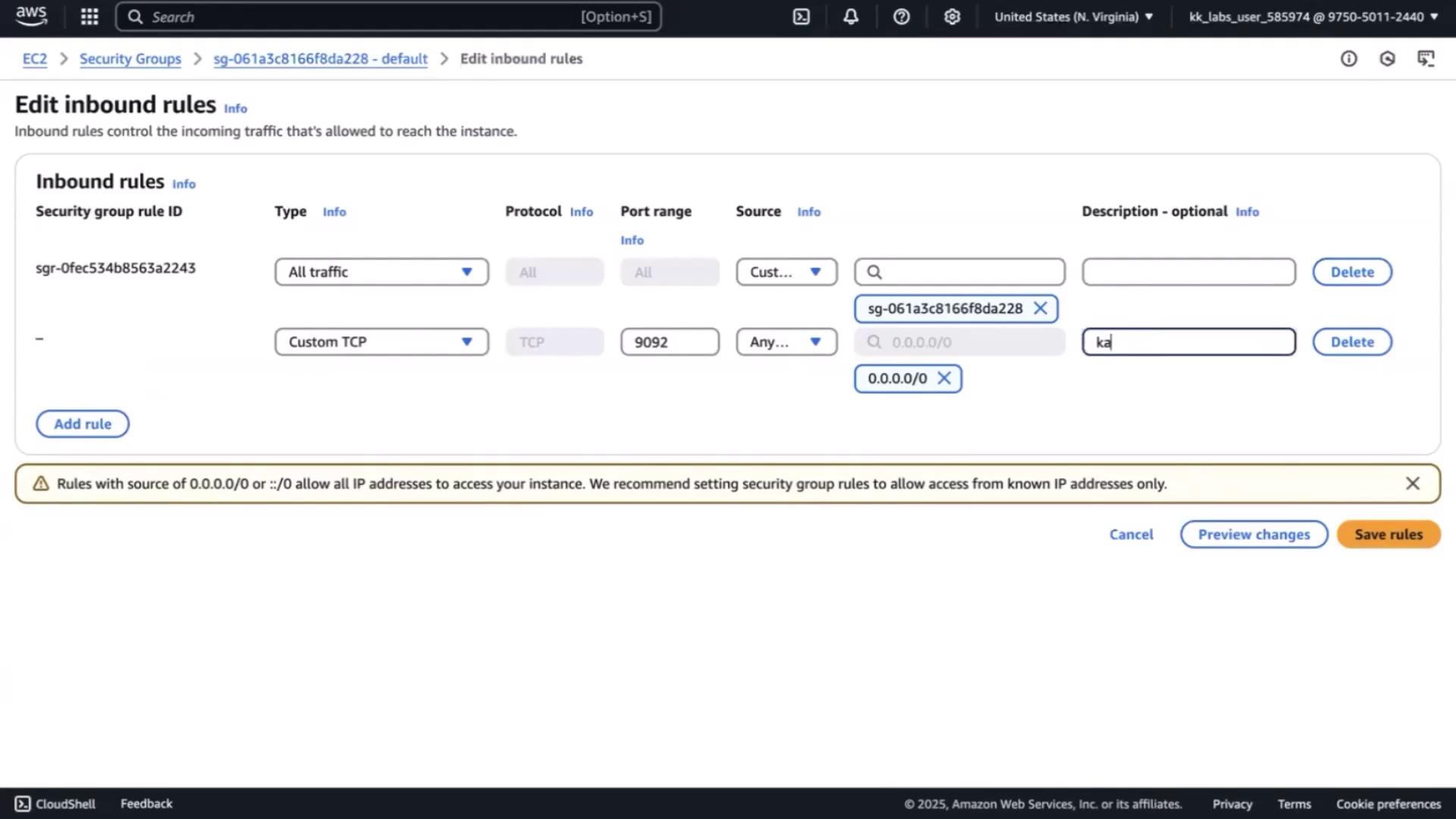 The image shows an AWS EC2 security group settings page where inbound rules are being edited, allowing all traffic and custom TCP on port 9092 from any source. A warning advises against allowing all IP addresses.