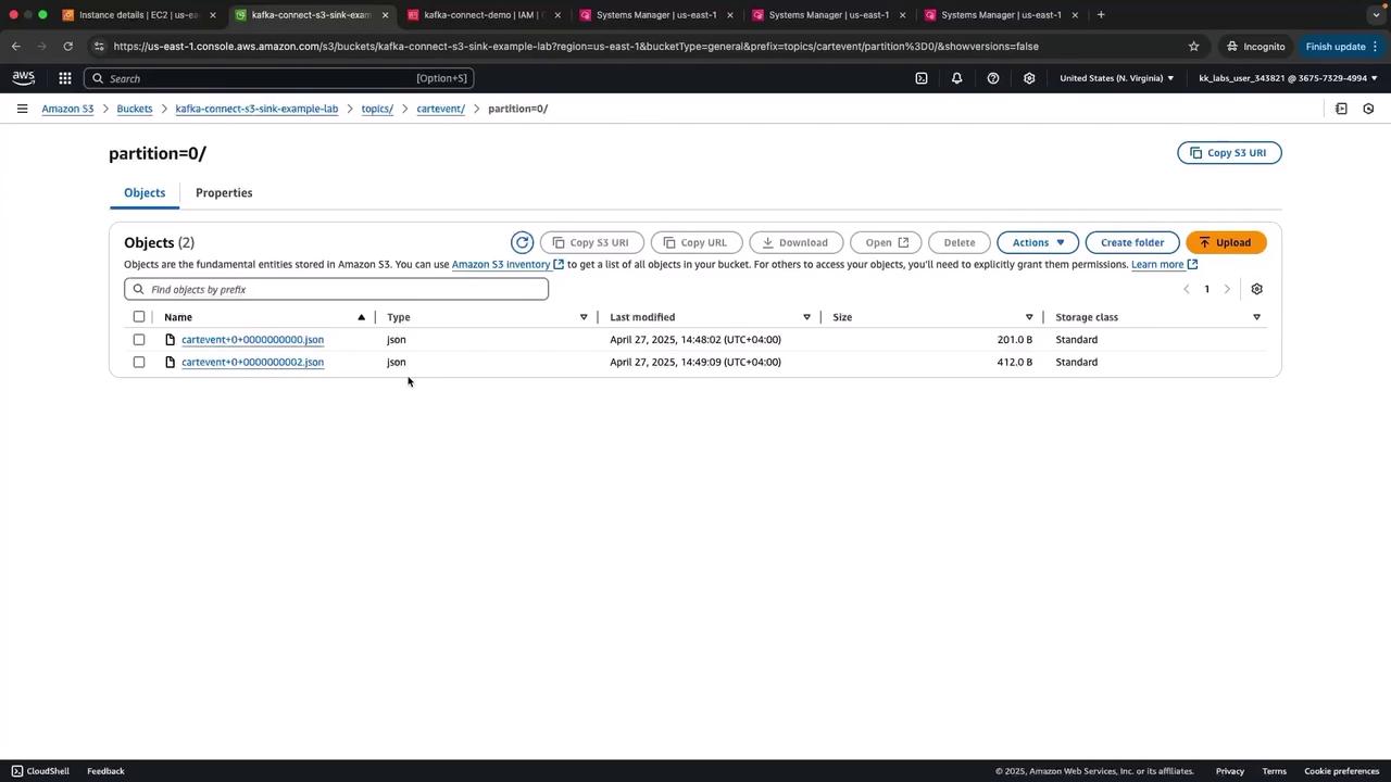 The image shows an Amazon S3 console with two JSON files listed in a bucket directory named "partition=0/". The files are named "cartevent+0+0000000000.json" and "cartevent+0+0000000002.json".