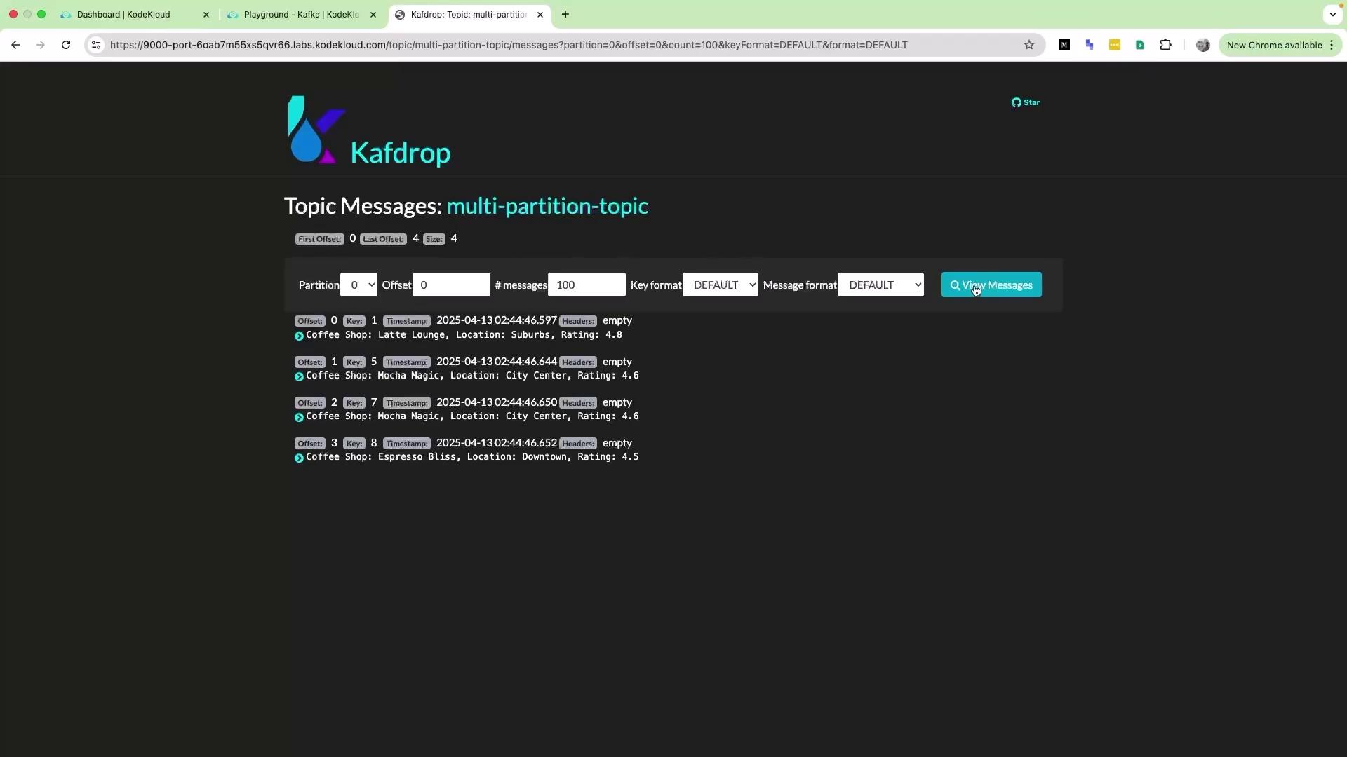The image shows a Kafdrop interface displaying Kafka topic messages related to coffee shops, including details like location and ratings. The interface allows filtering by partition, offset, and message format.