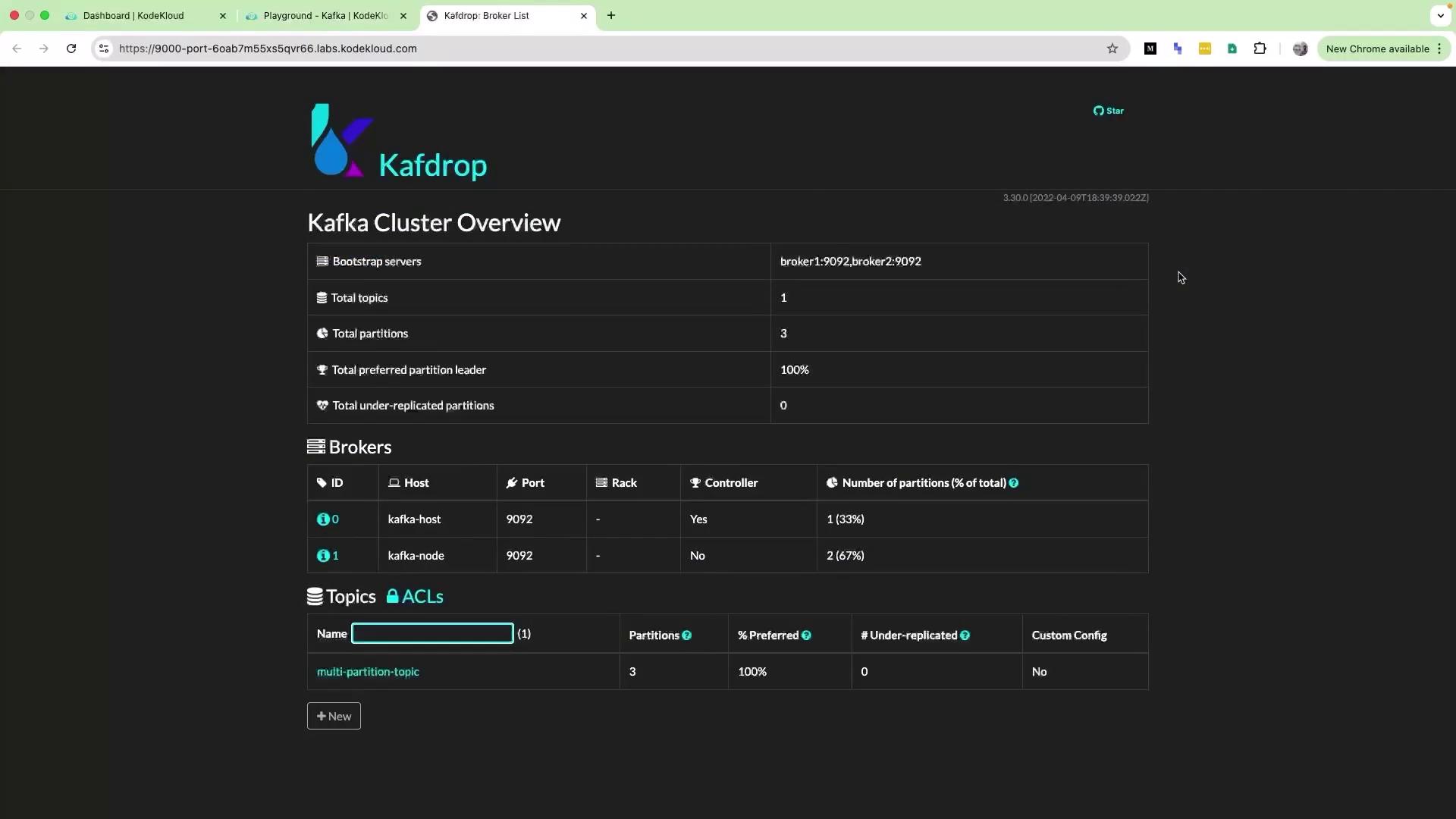The image shows a Kafdrop interface displaying a Kafka Cluster Overview, including details about bootstrap servers, topics, partitions, brokers, and ACLs.