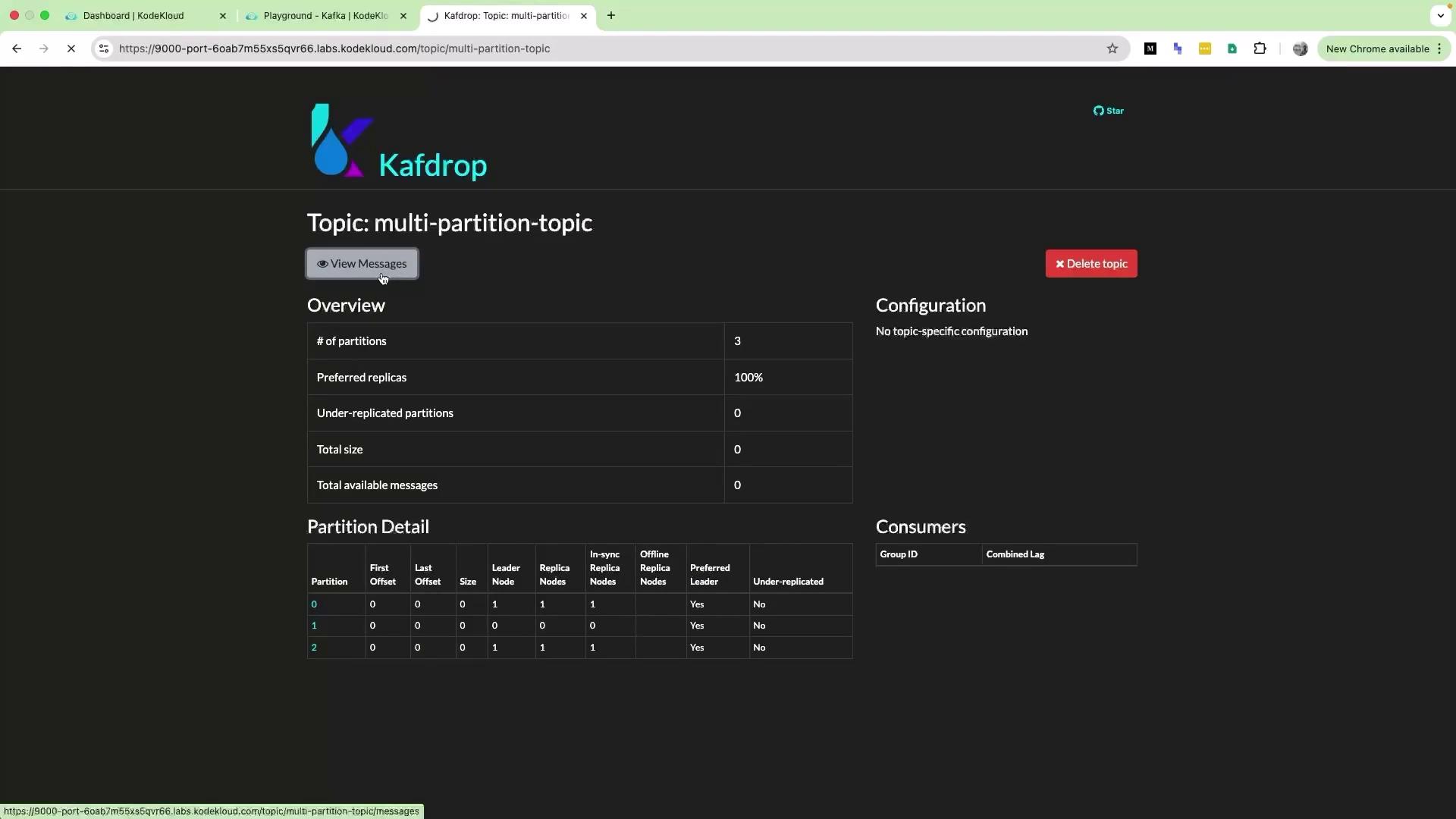 The image shows a Kafdrop interface displaying details of a Kafka topic named "multi-partition-topic," including an overview of partitions, configuration, and consumer information.