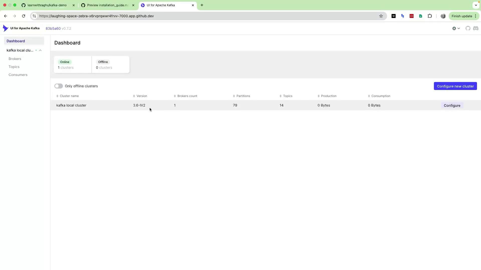 The image shows a dashboard interface for Apache Kafka, displaying details of a local cluster with one broker, 79 partitions, and 14 topics. The cluster is online with no production or consumption activity.