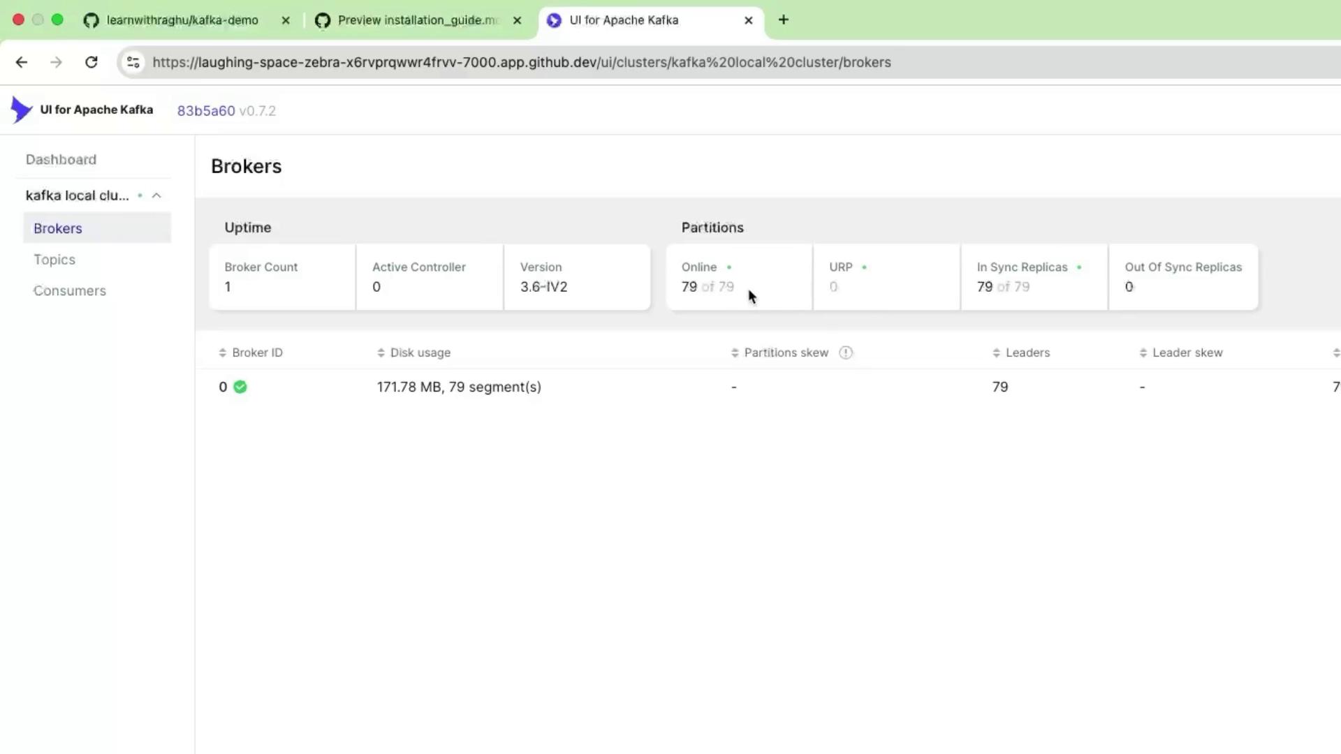 The image shows a user interface for Apache Kafka, displaying broker information with details such as broker count, active controller, version, and partition status. It indicates one broker with 79 online partitions and no out-of-sync replicas.