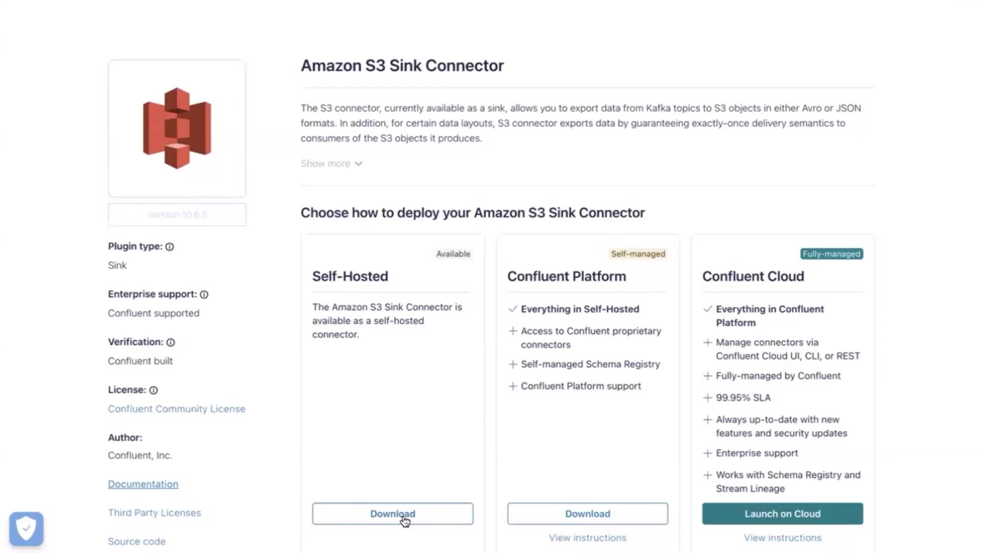 The image shows a webpage for the Amazon S3 Sink Connector, detailing deployment options including Self-Hosted, Confluent Platform, and Confluent Cloud, with download and launch options.