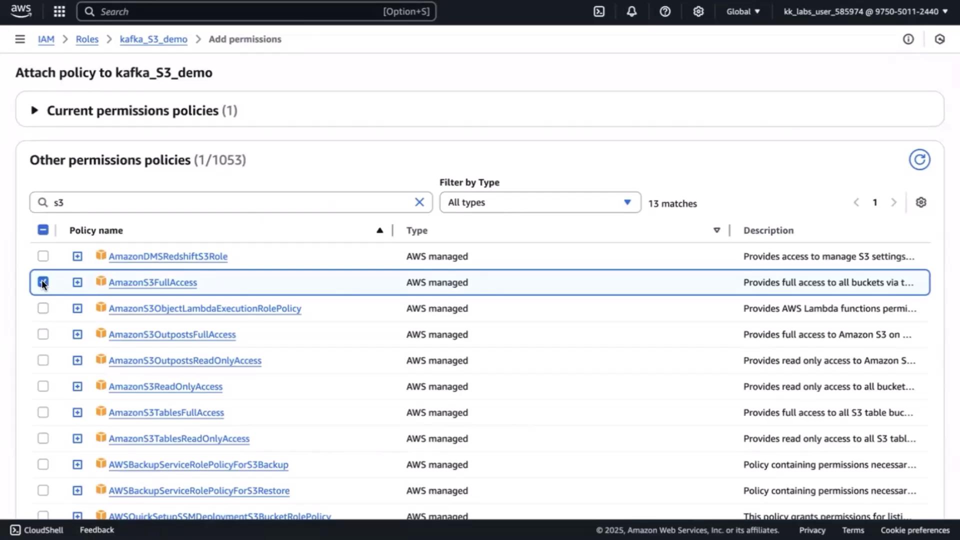 The image shows an AWS IAM interface where a user is attaching a policy to a role named "kafka_S3_demo," with a list of available S3-related permission policies displayed.