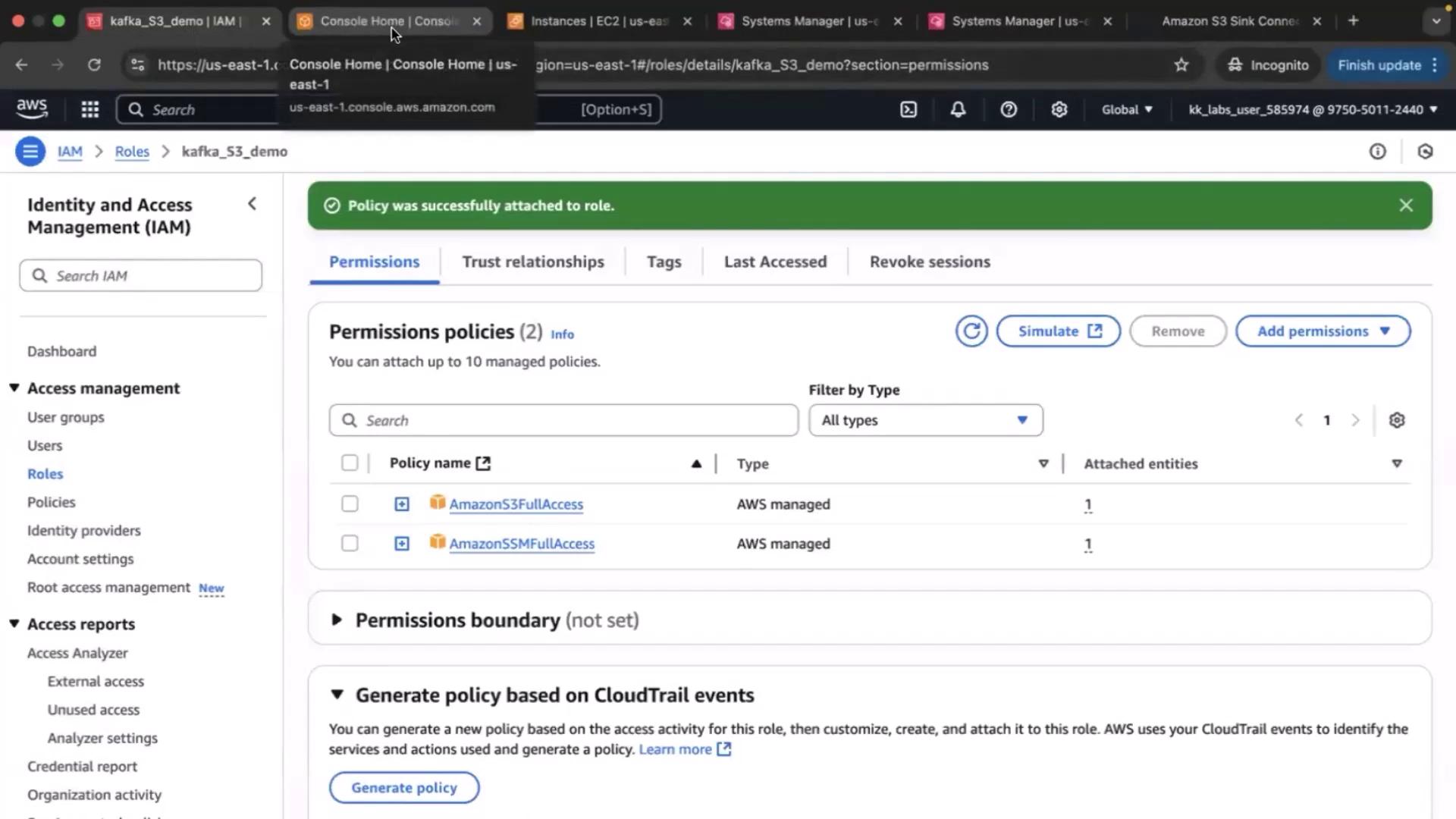 The image shows an AWS IAM interface where a user is attaching a policy to a role named "kafka_S3_demo," with a list of available S3-related permission policies displayed.