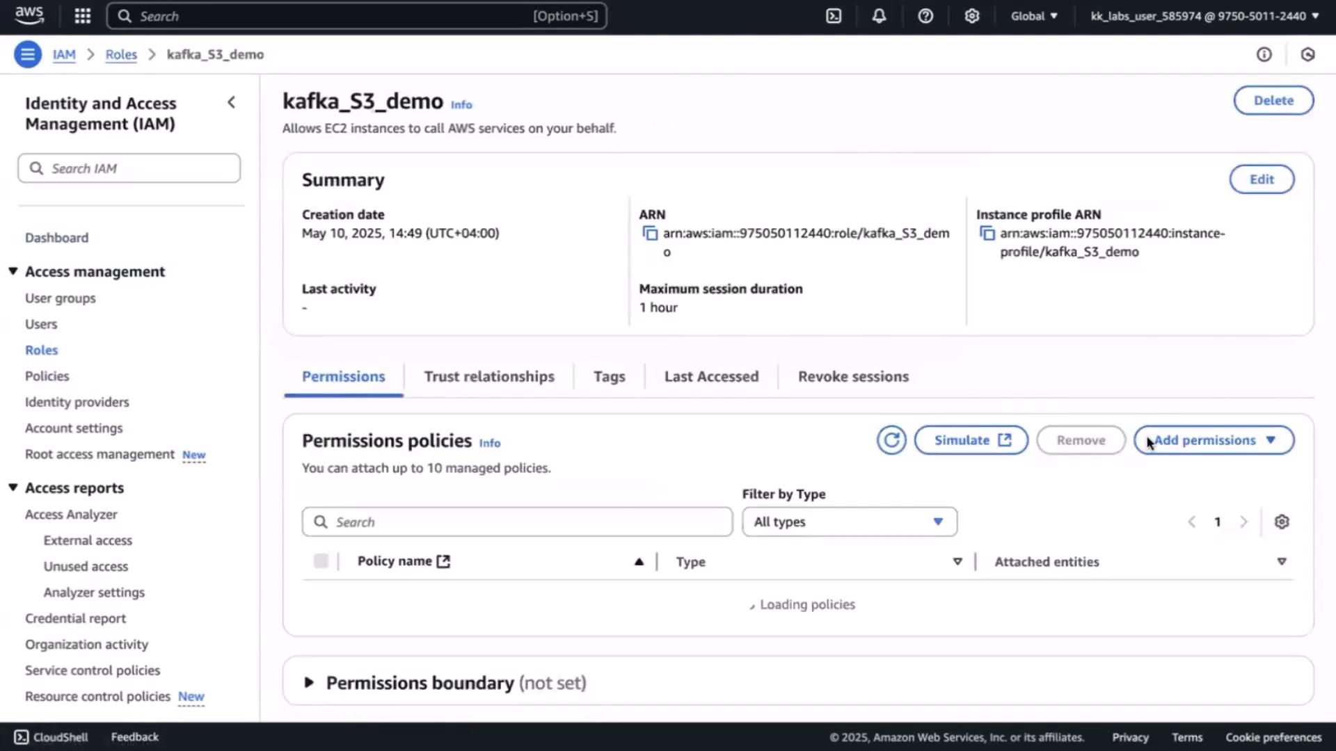The image shows an AWS Identity and Access Management (IAM) console screen, specifically detailing a role named "kafka_S3_demo" with options to manage permissions and view summary information.