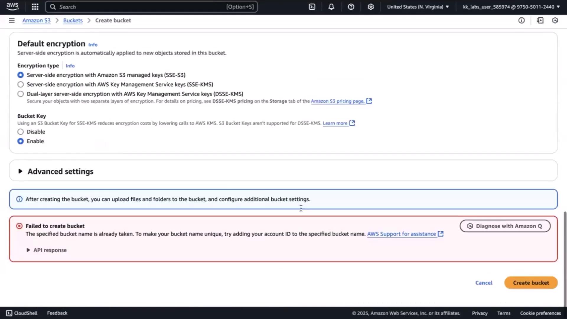 The image shows an AWS S3 bucket creation interface with encryption settings. There's an error message indicating that the specified bucket name is already taken.