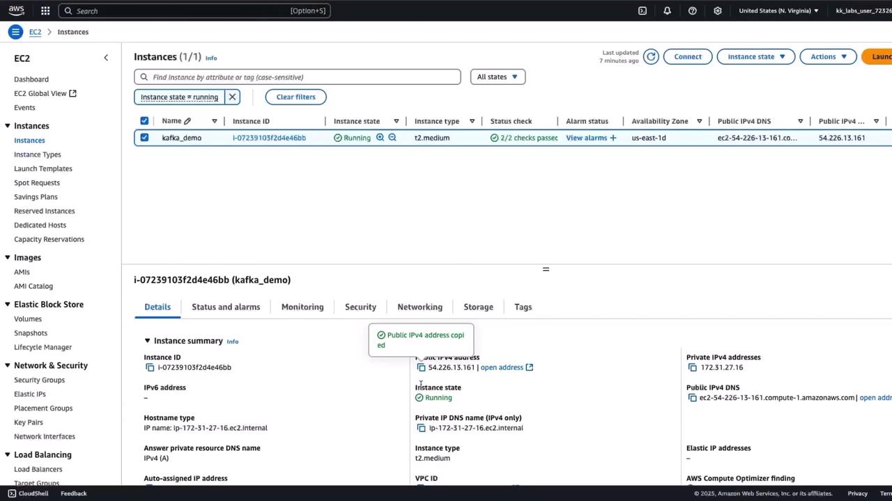 The image shows an AWS EC2 management console with details of a running instance named "kafka_demo." It displays instance information such as the instance ID, state, type, and IP addresses.
