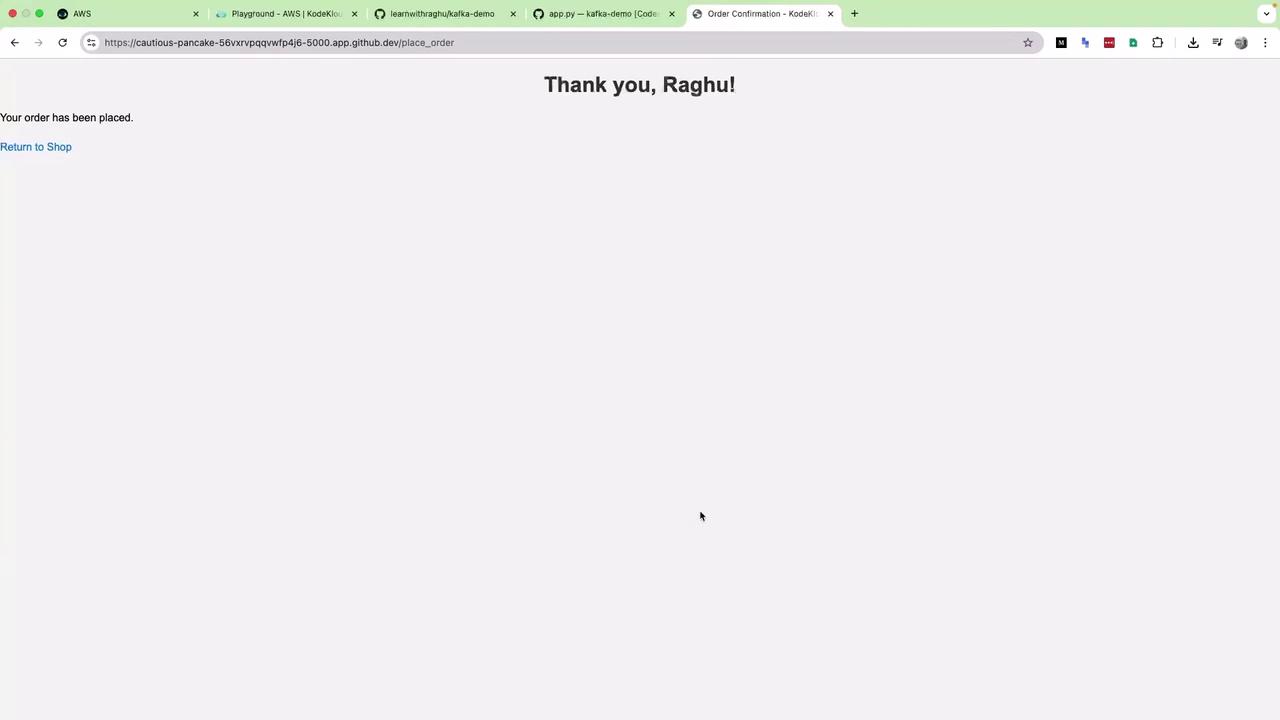 The image shows a webpage with a confirmation message stating "Thank you, Raghu!" and "Your order has been placed," along with a link to return to the shop.