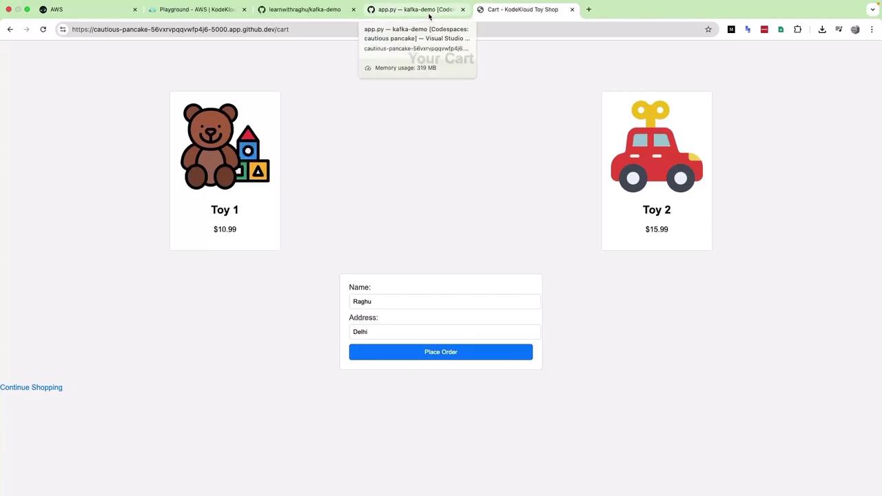 The image shows a webpage with two toy options, a teddy bear and a toy car, priced at $10.99 and $15.99 respectively, along with a form to place an order.