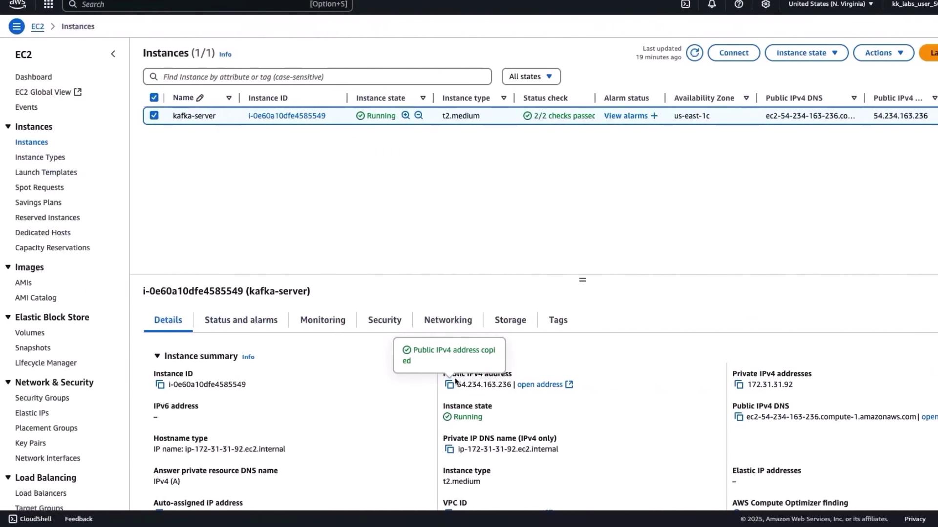 The image shows an AWS EC2 dashboard with details of a running instance named "kafka-server." It displays information such as the instance ID, public IPv4 address, and instance type.