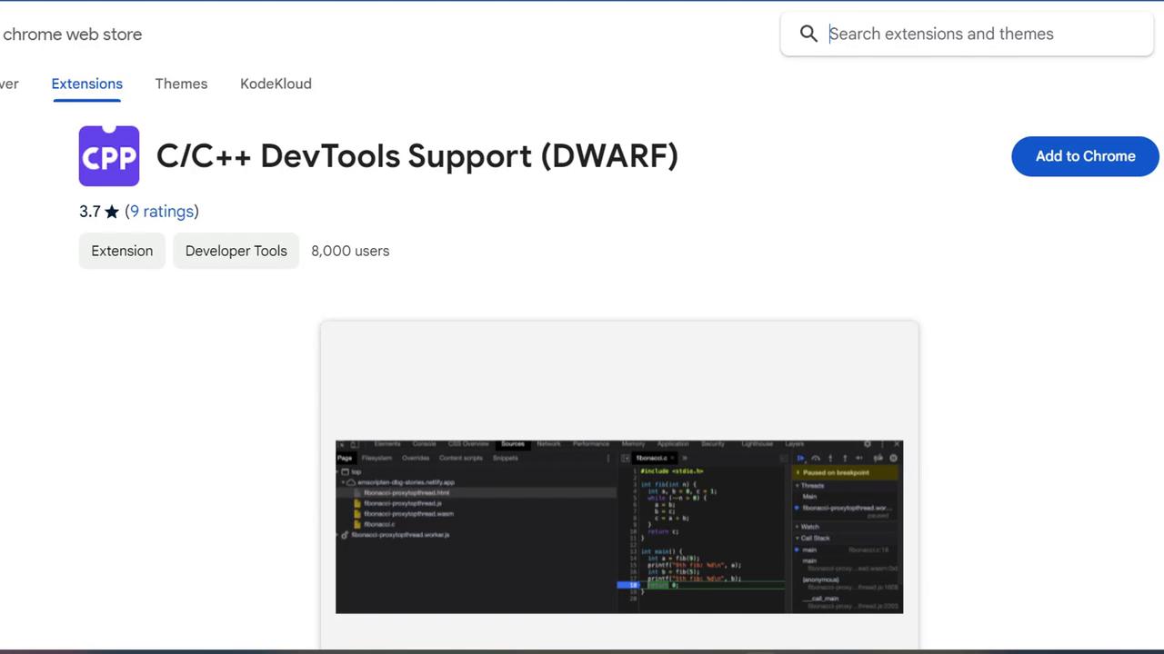 The image shows a Chrome Web Store page for the "C/C++ DevTools Support (DWARF)" extension, with a 3.7-star rating and 8,000 users. There's a screenshot of a code editor interface below.
