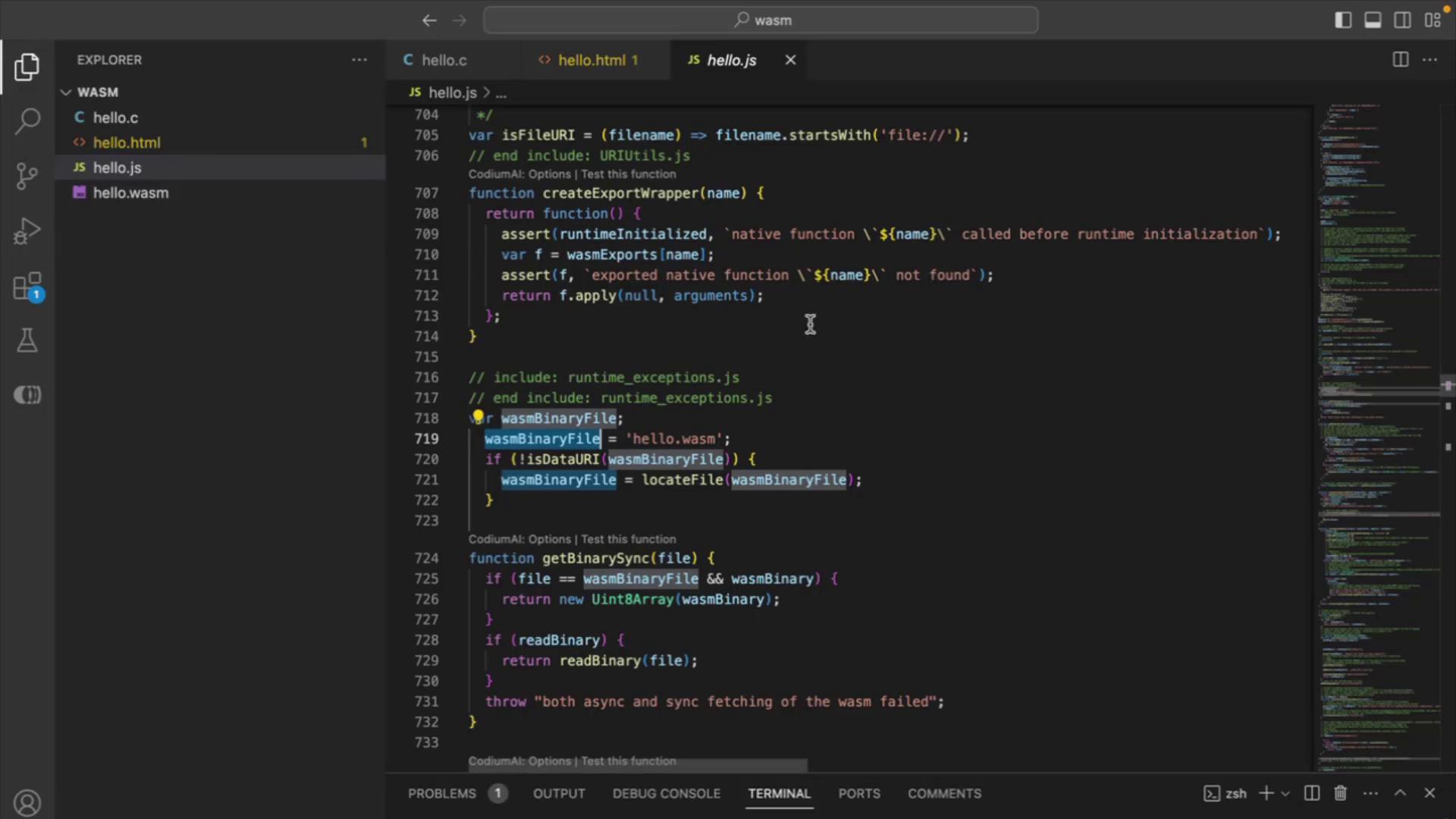 The image shows a code editor with JavaScript code open, specifically focusing on WebAssembly (WASM) file handling. The editor displays syntax highlighting and a file explorer on the left.