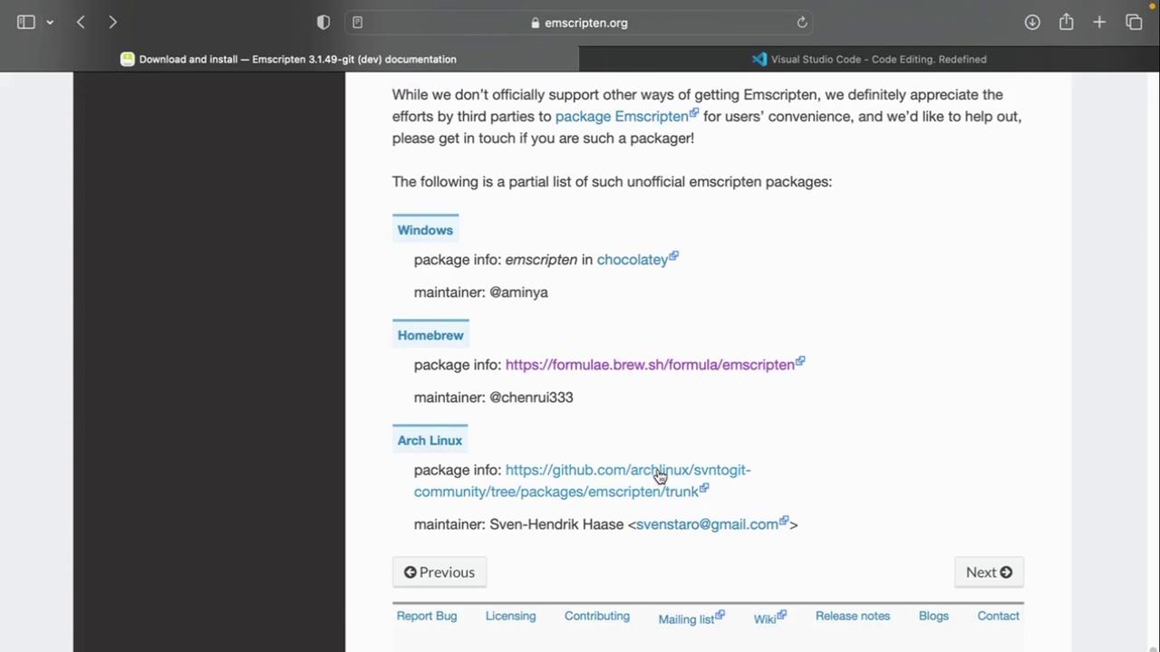 The image shows a webpage from emscripten.org listing unofficial Emscripten packages for Windows, Homebrew, and Arch Linux, along with package information and maintainers.