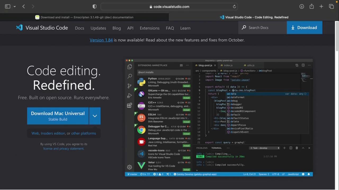 The image shows the Visual Studio Code website, highlighting its features and offering a download option, alongside a screenshot of the code editor with various extensions and a JavaScript file open.