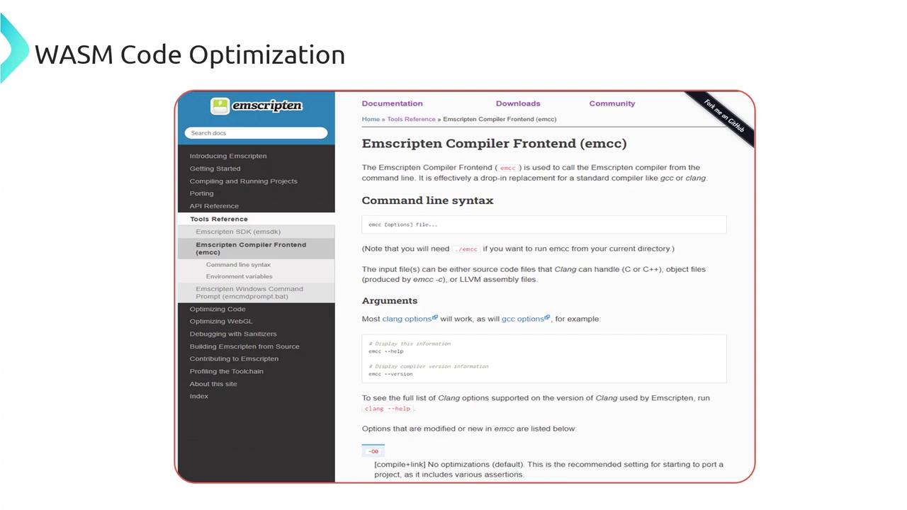 The image shows a webpage about the Emscripten Compiler Frontend (emcc), detailing command line syntax and arguments. It includes a sidebar with navigation links related to Emscripten documentation.