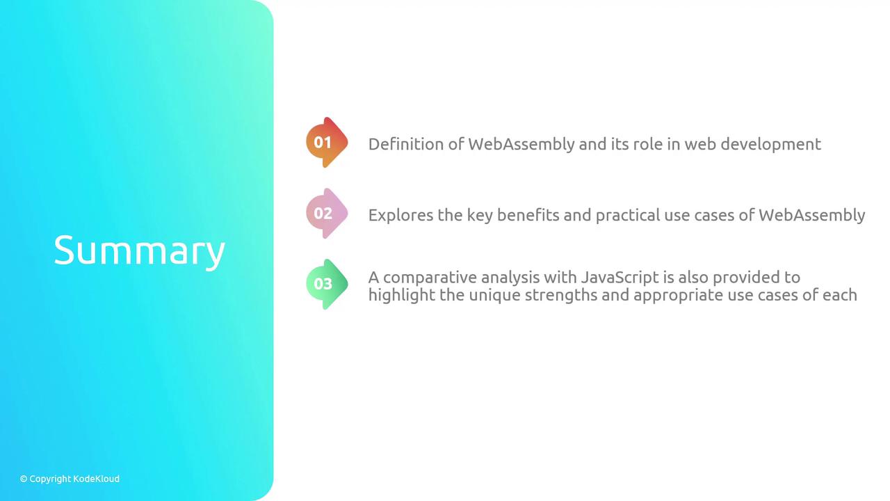 The image is a summary slide with a gradient background, listing three points about WebAssembly: its definition and role, benefits and use cases, and a comparison with JavaScript.