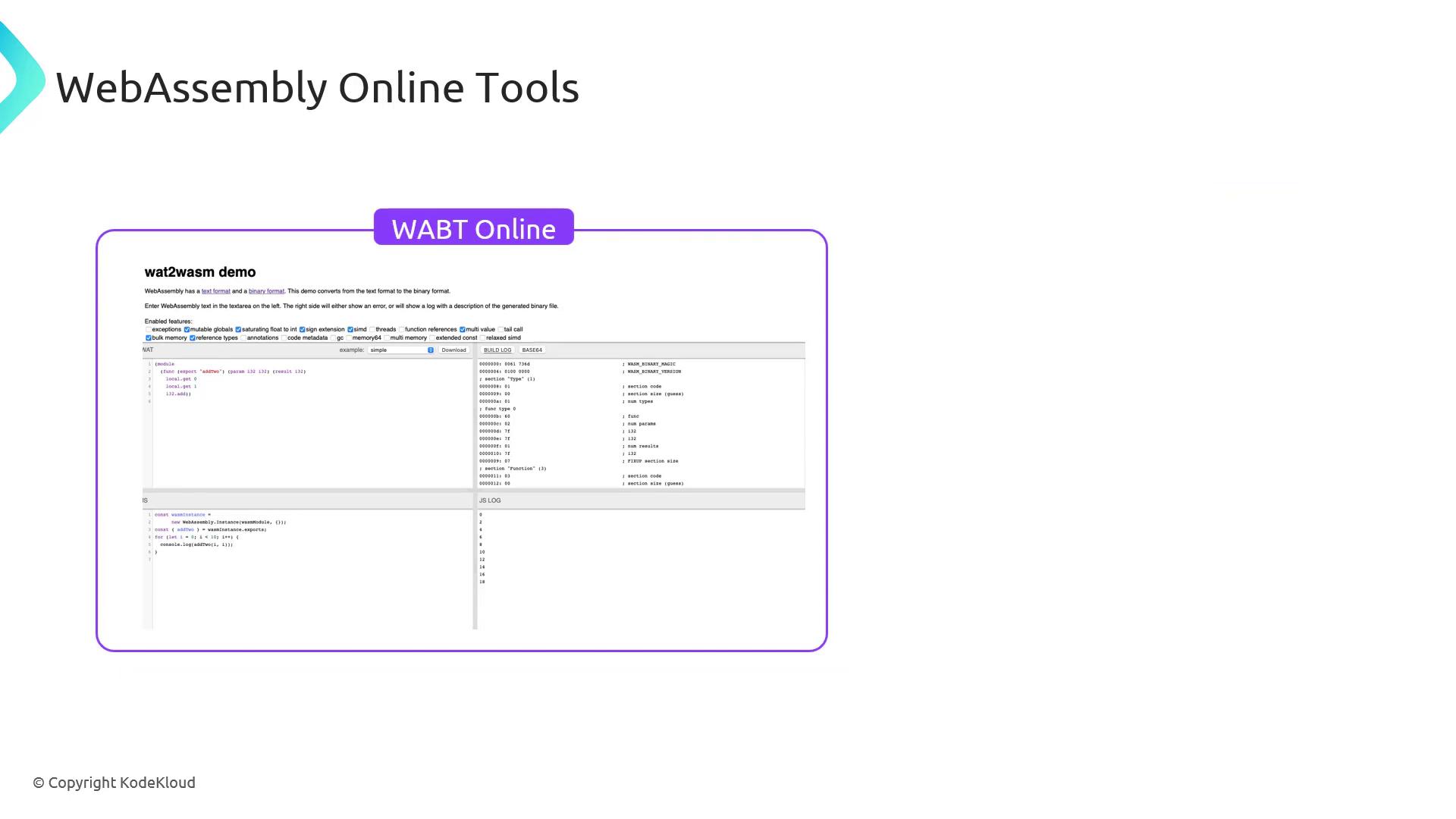 The image shows a screenshot of a WebAssembly online tool called "WABT Online," featuring a "wat2wasm" demo interface for converting text format to binary format.