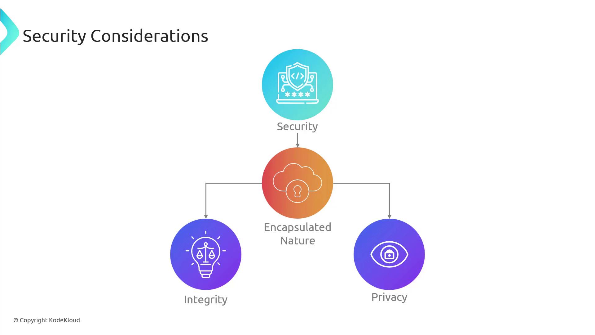The image is a diagram titled "Security Considerations," showing a central concept of "Encapsulated Nature" connected to "Security," "Integrity," and "Privacy."